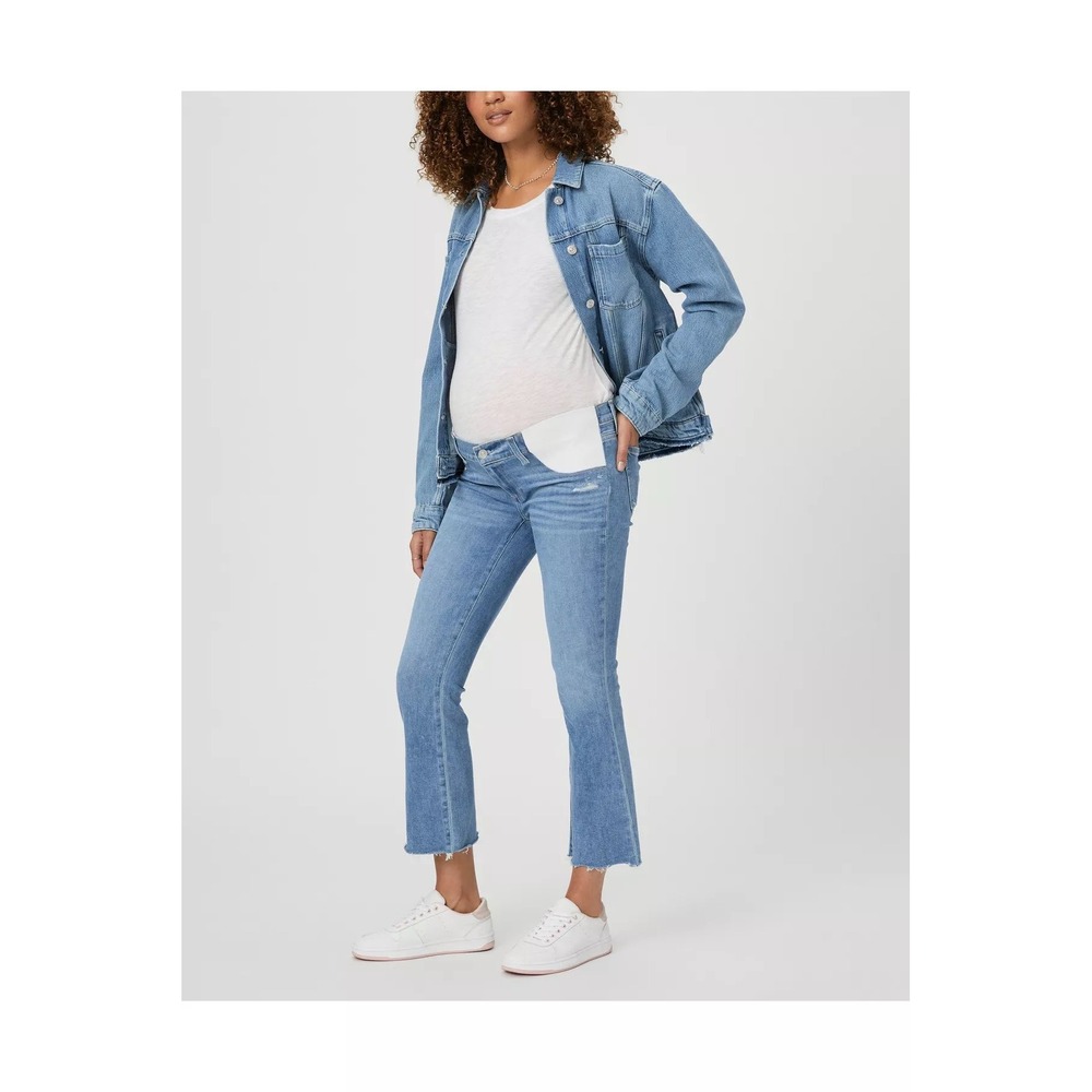 PAIGE Colette Crop Flare Maternity Jeans Blue Light Wash Distressed Size 28 - Picture 2 of 7